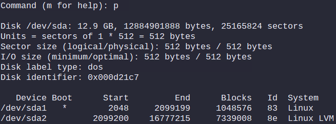 fdisk "p" command