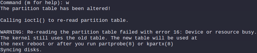 fdisk "w" command error message