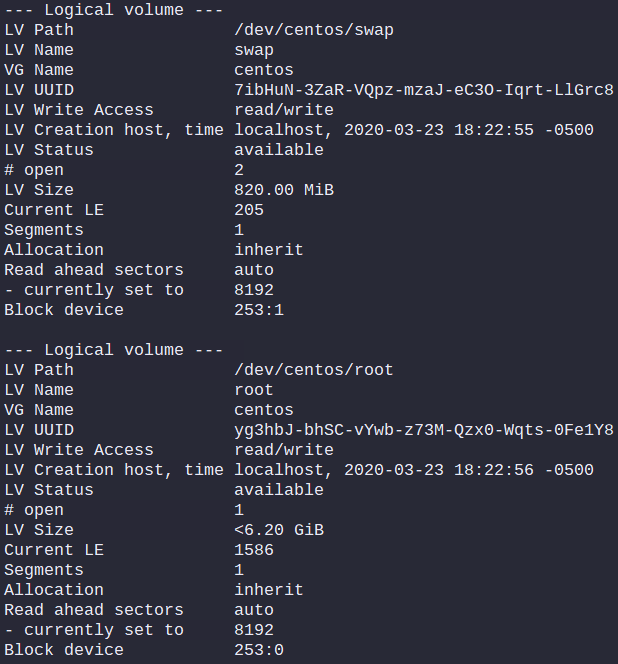 Output of: lvdisplay centos