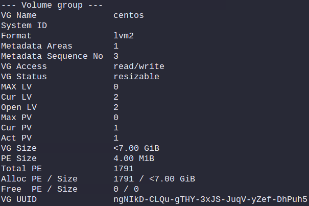 Output of: vgdisplay centos